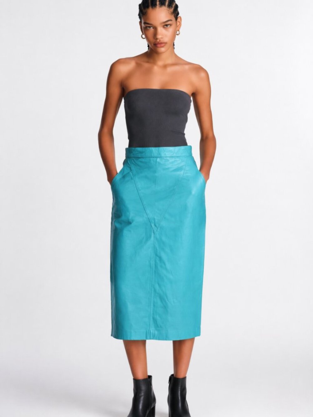 Vintage 80's Turquoise Blue Leather Straight Midi Skirt NWT 27" waist